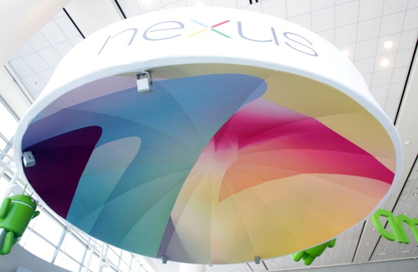 A Nexus display hangs at Google's Developers Conference in San Francisco, California.