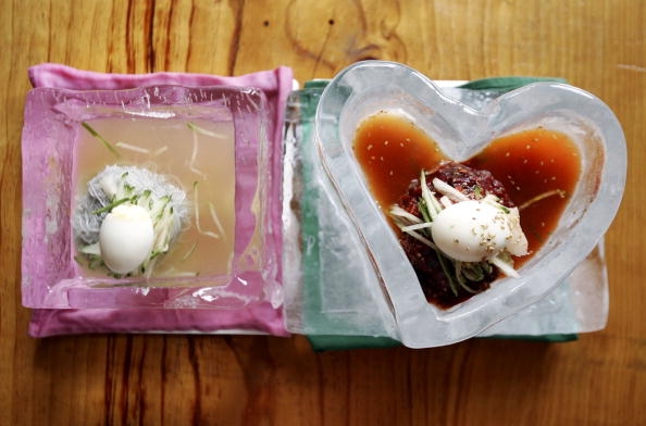 Food is served in ice bowls at a restaurant in Seoul, great as refreshment during the hot summer weather. 