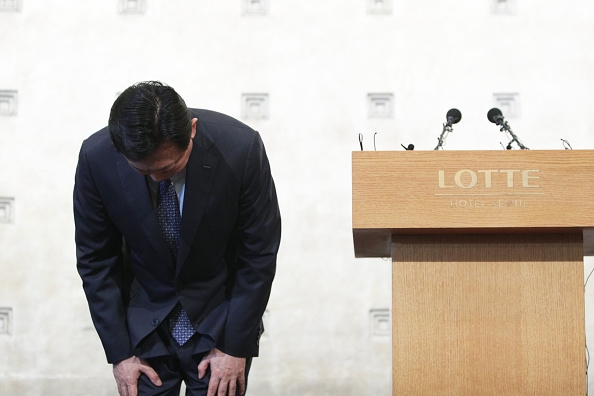 Shin Dong-Bin, the head of South Korean conglomerate Lotte Group, offered an official apology during a press conference at the Lotte Hotel on August 11, 2015 over a succession feud