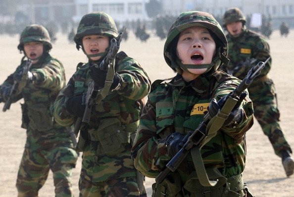 Female cadets participate in a basic military training for reserve officers at military camp in Seoul, South Korea.
