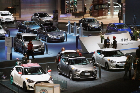 Hyundai cars displayed at an auto show during a media preview day