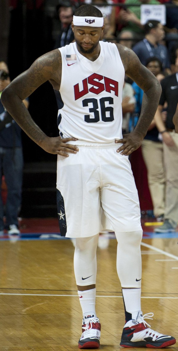 8/6/2014 - DeMarcus Cousins on the USA Basketball Men’s National Team react after his teammate Paul George suffered a serious leg injury during the fourth quarter of an intra-squad scrimmage at the Thomas and Mack Center in Las Vegas, August 1, 2014. After George was carted off the court, head coach Mike Krzyzewski addressed the arena stating the game would not continue out of respect to George and his family.