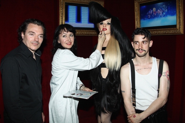 Sculptor Jean-Baptiste Seckler, a makeup artist of the Grevin Museum and hairdresser Charlie Le Mindu are pictured with the Lady Gaga Waxwork At Musee Grevin