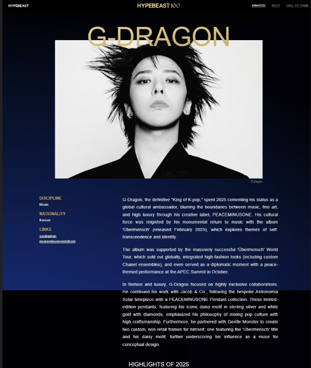 BIGBANG's G-Dragon Earns Record Ninth Hypebeast 100 Selection : K